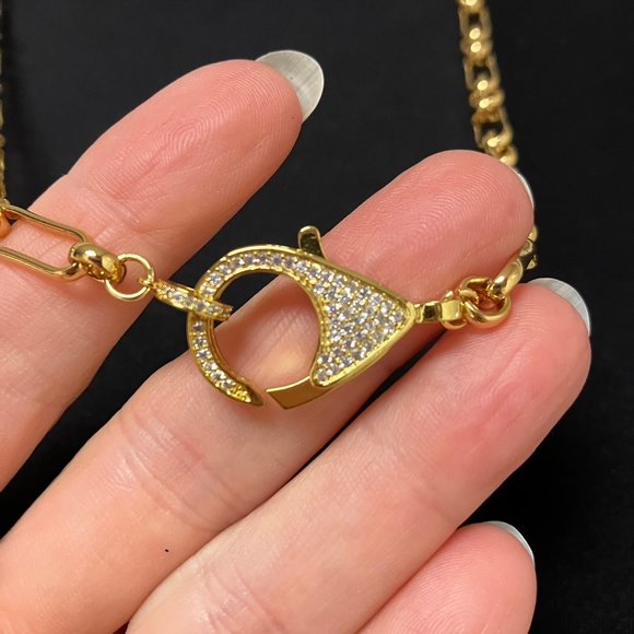 NEW 18k Real Gold Plated Paper Clip 25 inch Chain Large Cubic Zirconia Clasp - Picture 9 of 14